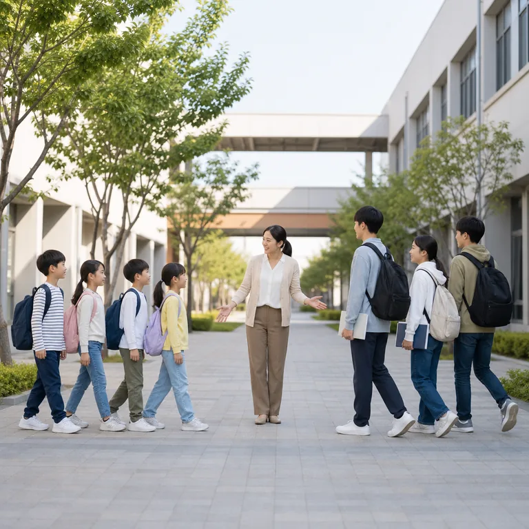 ครูต้อนรับนักเรียนระดับประถมและมัธยมในลานโรงเรียน สื่อความหมายของ 中小学