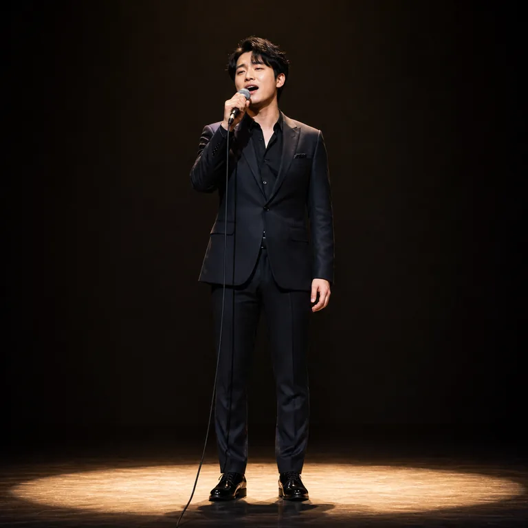 นักร้องชาวเอเชียตะวันออกหนึ่งคนกำลังร้องเพลงบนเวทีใต้สปอตไลต์ โดยถือไมโครโฟนหนึ่งอัน สื่อความหมายของ 歌手