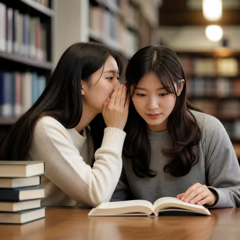 ภาพคนกระซิบกันในห้องสมุด สื่อความหมาย 小声 ว่าเสียงเบา