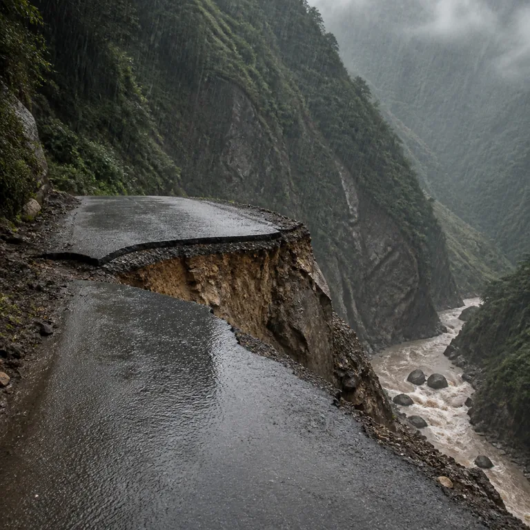 ถนนภูเขาเปียกฝนพังขาดเหนือหุบเหว แสดงสภาพที่อันตราย 危险