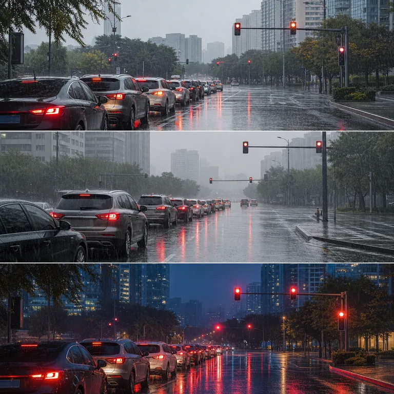 ภาพสามช่วงเวลาที่ฝนตกและมีรถติดซ้ำกัน สื่อความหมายหลักของ 往往 ว่ามักเกิดเช่นนี้บ่อย ๆ