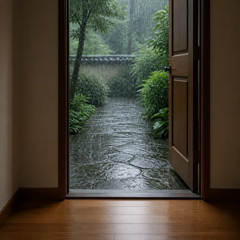 มุมมองจากพื้นห้องแห้งผ่านธรณีประตูไปยังทางเดินที่ฝนตกด้านนอก สื่อคำบอกตำแหน่ง 外面