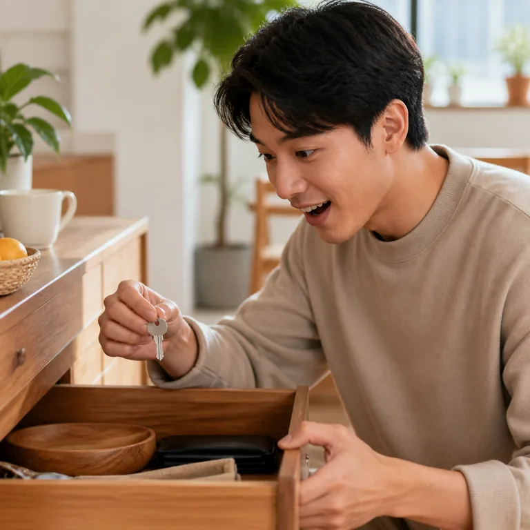คนค้นพบกุญแจที่หายไปในลิ้นชัก สื่อความหมายของ 原来