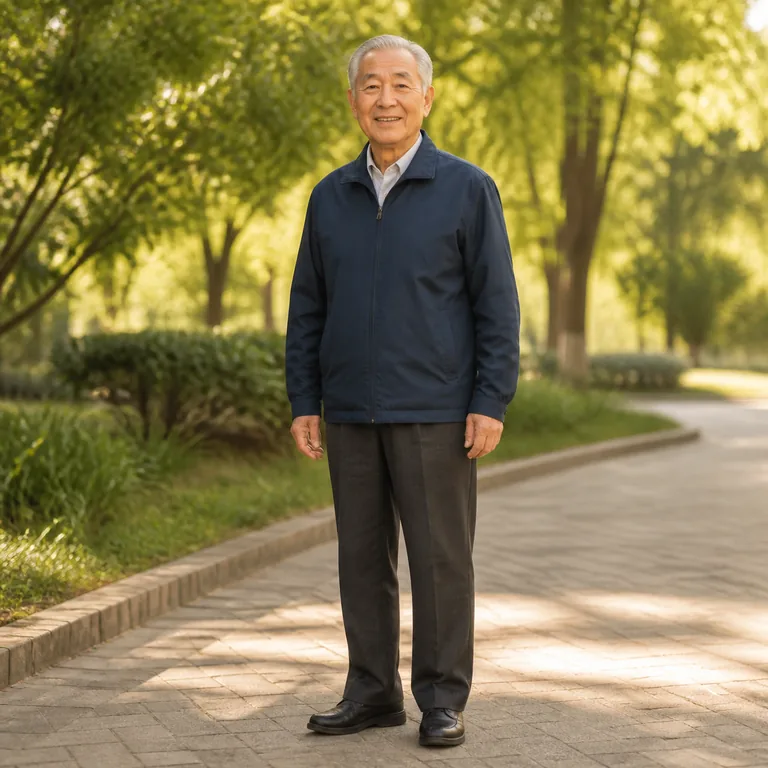 ชายสูงวัยยืนอย่างผ่อนคลายบนทางเดินในสวนชุมชน สื่อความหมายของ 老头儿