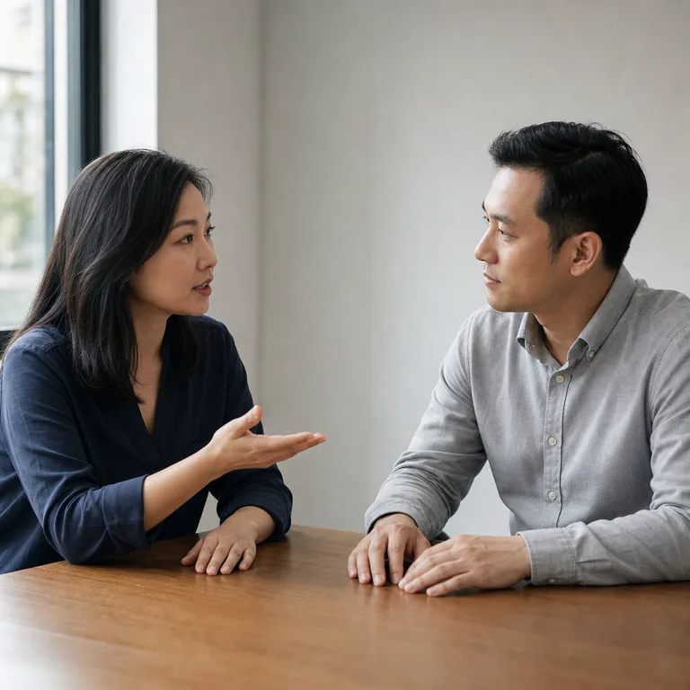 หญิงสาวอธิบายเหตุผลกับชายที่กำลังตั้งใจฟังอย่างสุภาพ เป็นภาพสมมติของการพยายามโน้มน้าว ประกอบคำว่า 说服