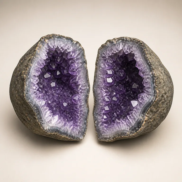 ก้อน geode หนึ่งก้อนที่เปิดเป็นสองซีกเผยผลึกสีม่วงงดงามภายใน สื่อ 值得 ว่าคุ้มค่าแก่การลงมือ พิจารณา หรือให้ความสนใจ
