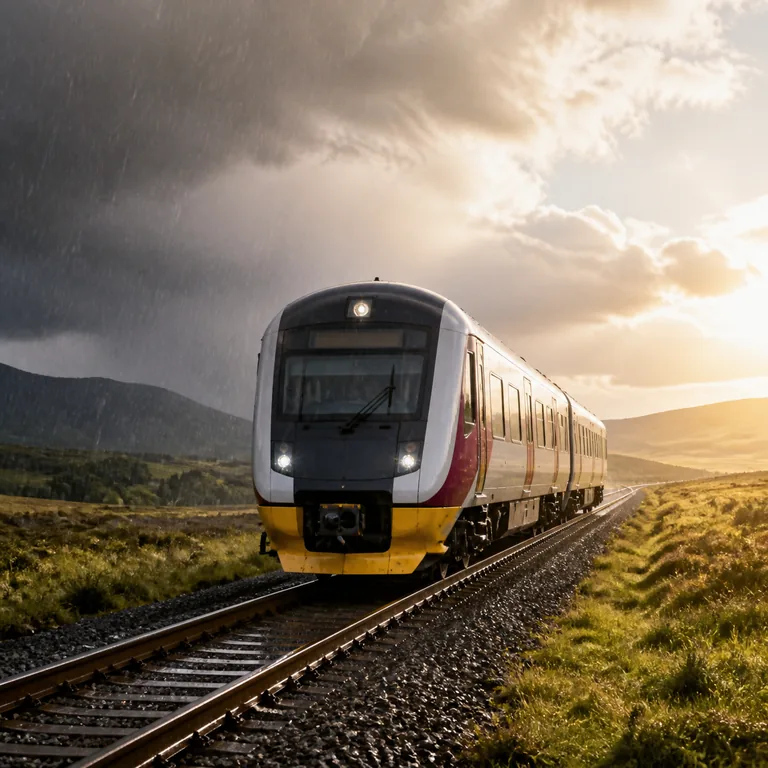 รถไฟหนึ่งขบวนเดินทางต่อบนรางเดิมผ่านอากาศที่เปลี่ยนจากฝนเป็นฟ้าเปิด สื่อ 不管 ว่าไม่ว่าเงื่อนไขใดผลหลักยังคงเดิม