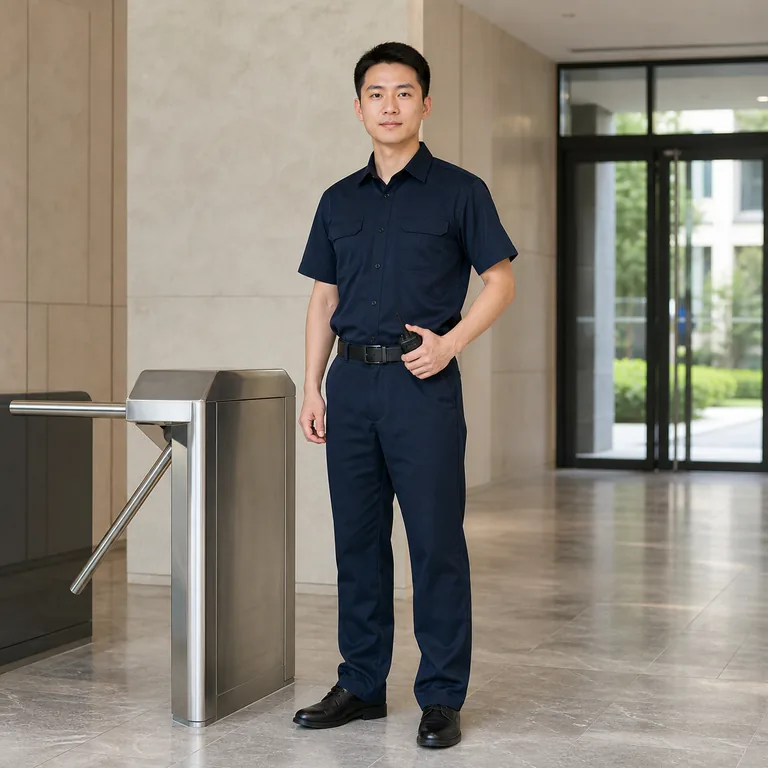 พนักงานรักษาความปลอดภัยหนึ่งคนยืนเฝ้าทางเข้าข้างประตูหมุน พร้อมวิทยุสื่อสารที่เอว สื่อความหมายของ 保安