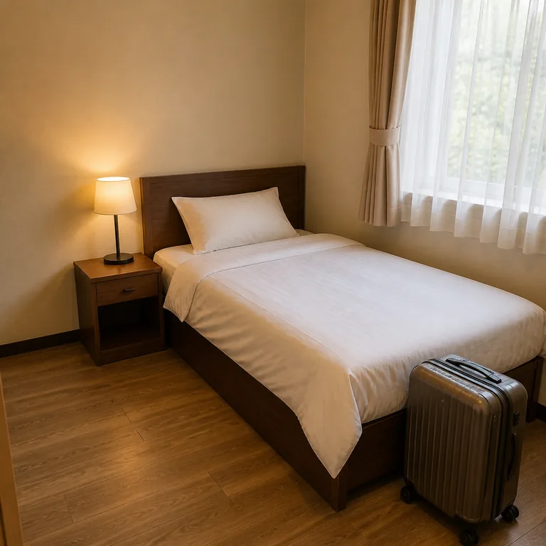 ห้องพักเรียบง่ายพร้อมเตียงเดี่ยวและกระเป๋าเดินทาง สื่อความหมายของ 旅馆