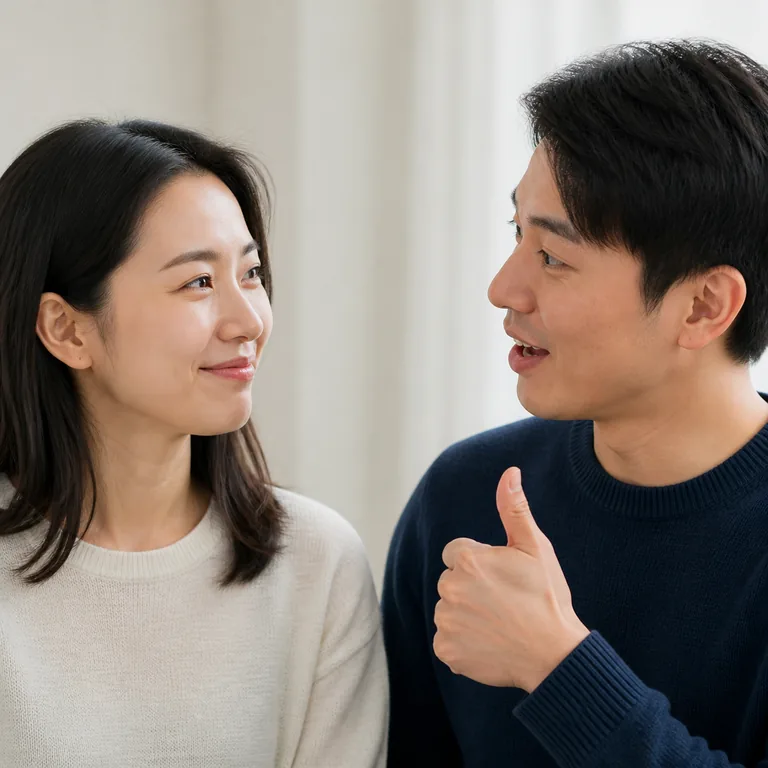 ผู้ใหญ่คนหนึ่งกำลังพูดชมพร้อมยกนิ้วโป้งให้ผู้ใหญ่อีกคนที่ยิ้มรับ สื่อ 称赞 ว่ากล่าวชื่นชมหรือยกย่อง