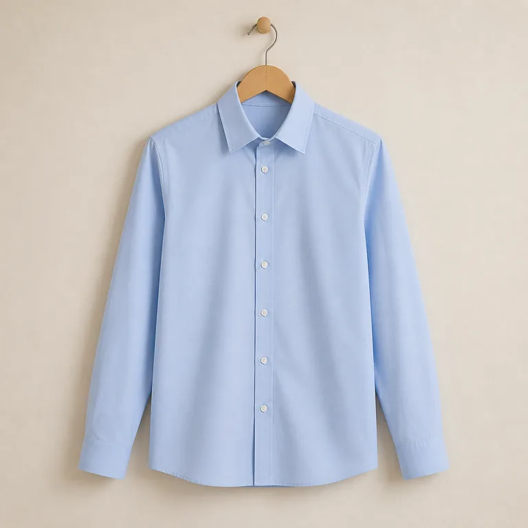 เสื้อเชิ้ตแขนยาวสีฟ้าอ่อนหนึ่งตัวแขวนอยู่บนไม้แขวนเสื้อไม้หนึ่งอัน เห็นปก สาบกระดุม แขนเสื้อ และข้อมือครบถ้วน สื่อความหมายของ 衬衫