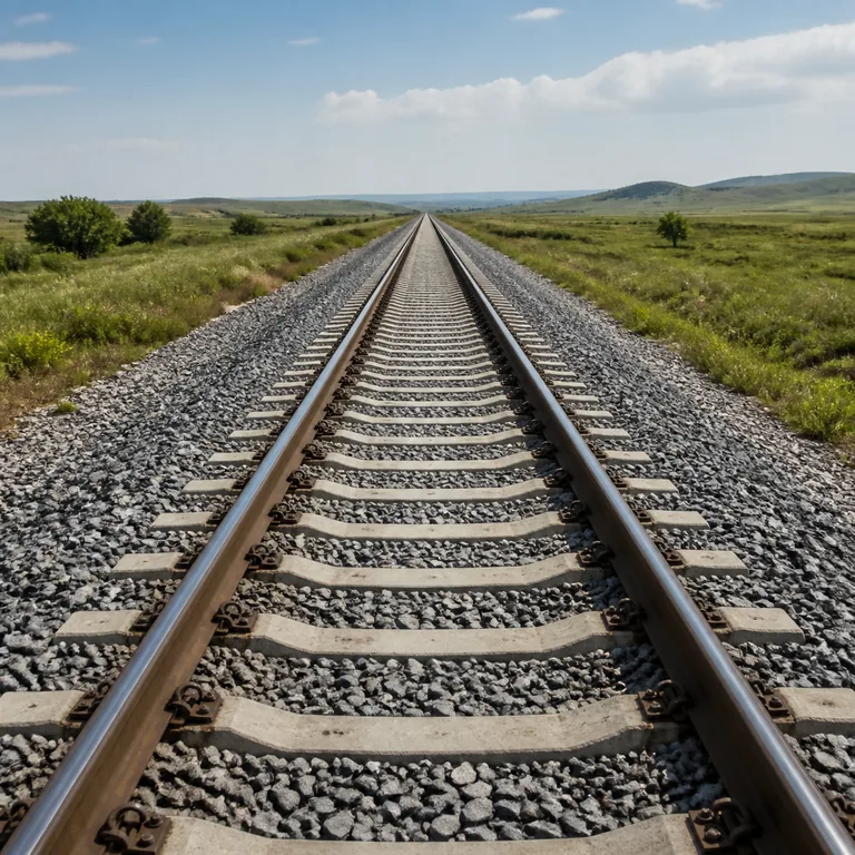 ทางรถไฟรางคู่บนหมอนคอนกรีตและหินโรยทางทอดยาวไปในชนบท สื่อความหมายของ 铁路