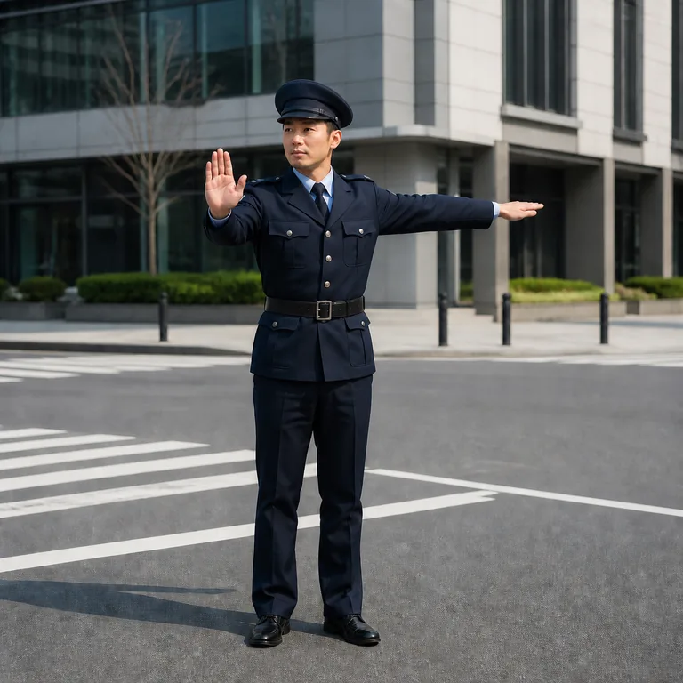 ตำรวจจราจรหนึ่งคนกำลังให้สัญญาณควบคุมการจราจร สื่อความหมายของ 警察