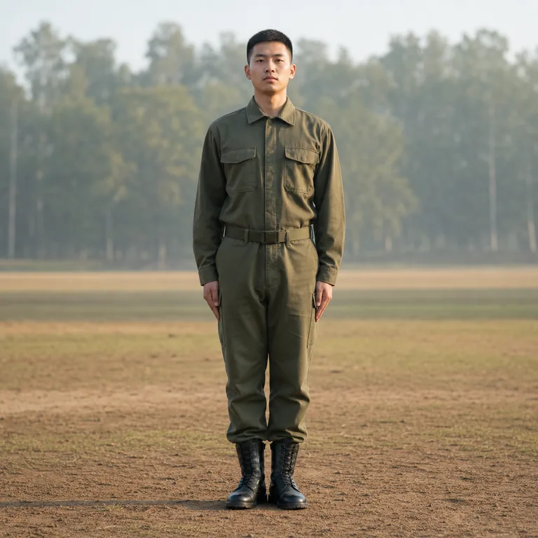 ทหารหนึ่งคนยืนตรงในชุดฝึกเรียบไม่มีตรา ธง หรืออาวุธ สื่อคำว่า 兵 ว่าทหารหรือกำลังพล