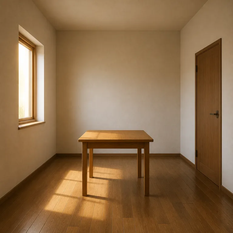 ภายในห้องเล็กสะอาดที่มีหน้าต่าง ประตู และโต๊ะเพียงหนึ่งตัว 屋子
