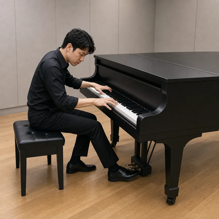 นักเปียโนชาวเอเชียตะวันออกหนึ่งคนใช้มือทั้งสองบรรเลงบทเพลงที่ซับซ้อนบนแกรนด์เปียโนในห้องซ้อมเงียบ แสดงความสามารถทางดนตรี สื่อความหมายของ 才能