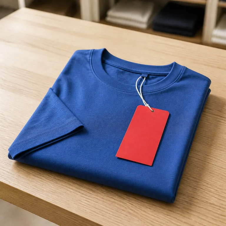 เสื้อยืดสีน้ำเงินพับบนโต๊ะร้านค้า ติดป้ายสีแดงไม่มีข้อความ เป็นภาพช่วยจำคำว่า 特价 ราคาพิเศษ