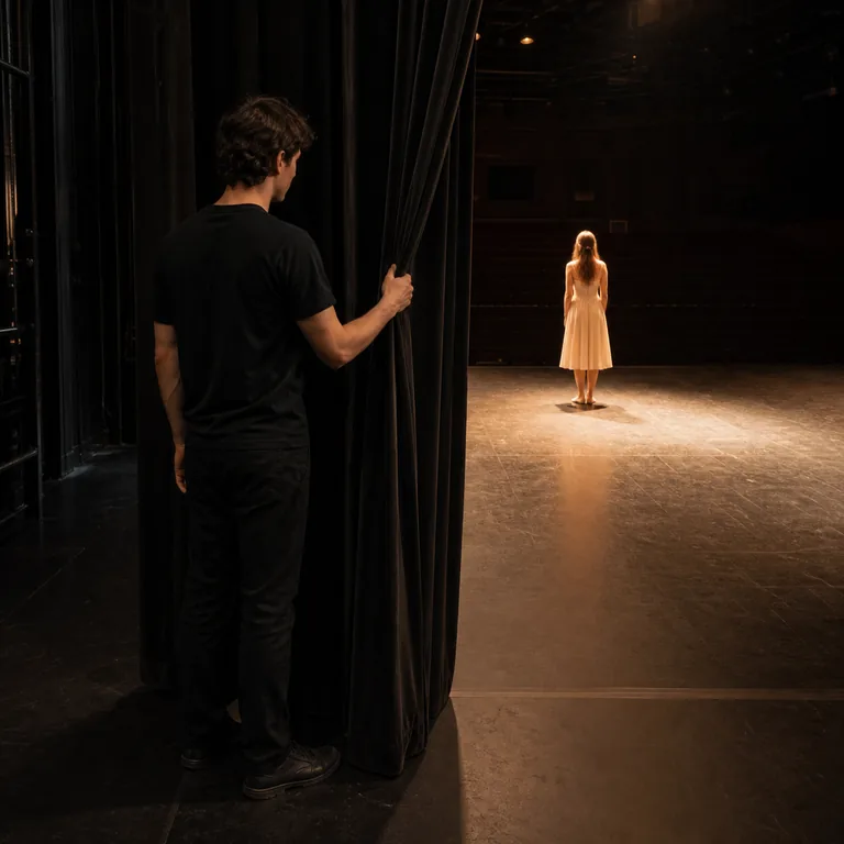 เจ้าหน้าที่เวทีหนึ่งคนยืนอยู่หลังม่าน ขณะนักแสดงอีกหนึ่งคนอยู่ด้านหน้าใต้แสงสปอตไลต์ สื่อความหมายของ 背后