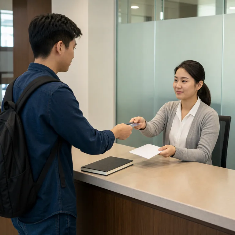 นักศึกษาชำระเงินที่เคาน์เตอร์ฝ่ายการเงินของสถานศึกษา สื่อ 学费 ว่าค่าเล่าเรียน