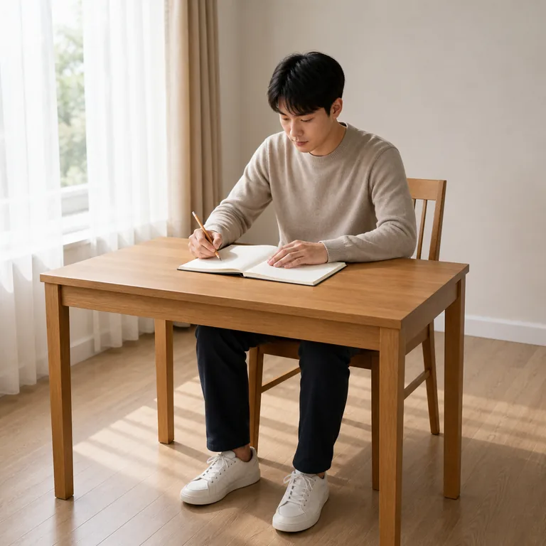 นักเรียนชาวเอเชียตะวันออกหนึ่งคนนั่งเขียนลงในสมุดเปล่าอย่างตั้งใจที่โต๊ะเรียน สื่อความหมายของ 好好