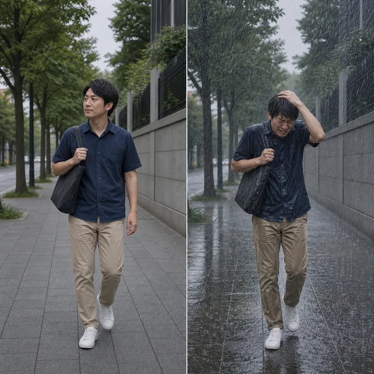 คนเดินบนทางแห้งก่อนถูกฝนหนักเทลงมาอย่างไม่ทันตั้งตัวในชั่วขณะถัดมา สื่อความหมายของ 突然