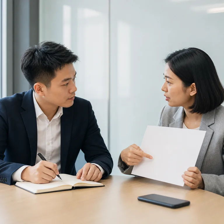 หัวหน้าตั้งใจสบตาและจดบันทึกขณะรับฟังเรื่องที่เพื่อนร่วมงานอธิบาย สื่อความหมายของ 重视