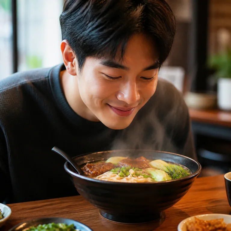 ภาพคนกำลังรับกลิ่นหอมของบะหมี่ สื่อความหมาย 味道 ว่ารสชาติหรือกลิ่น