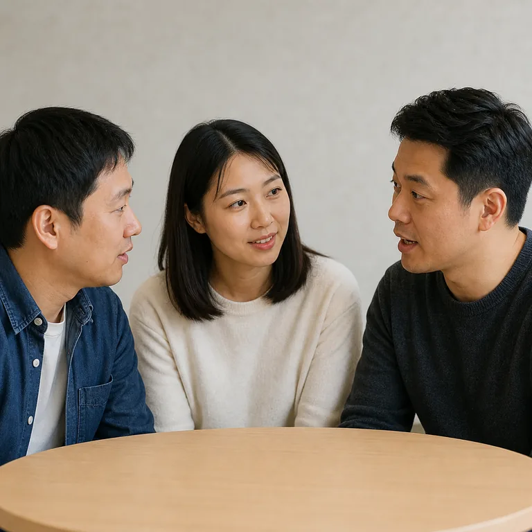 ผู้ใหญ่สามคนต่างมีส่วนร่วมในวงสนทนาเดียวกัน สื่อ 参与 ว่าเข้าร่วมและมีบทบาทในกิจกรรมหรือกระบวนการ