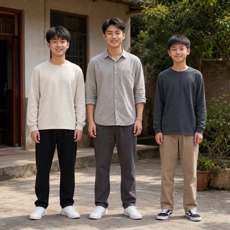 พี่น้องชายสามคนยืนด้วยกันโดยพี่ชายคนโตอยู่ตรงกลาง สื่อ 大哥 ในความหมายว่าพี่ชายคนโตของครอบครัว