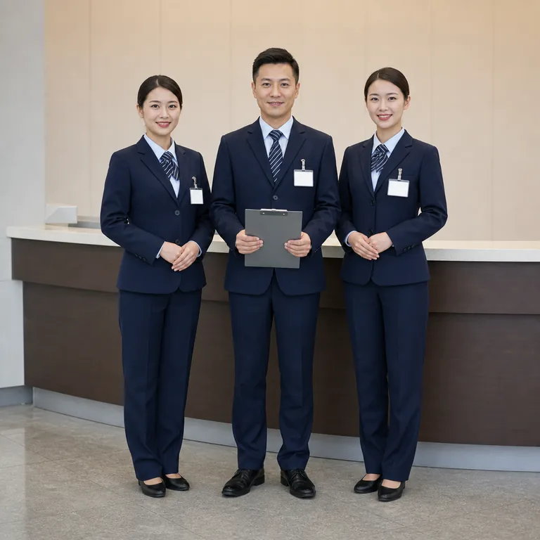 บุคลากรประจำจุดบริการสามคนในเครื่องแบบและบัตรประจำตัว สื่อความหมายของ 人员