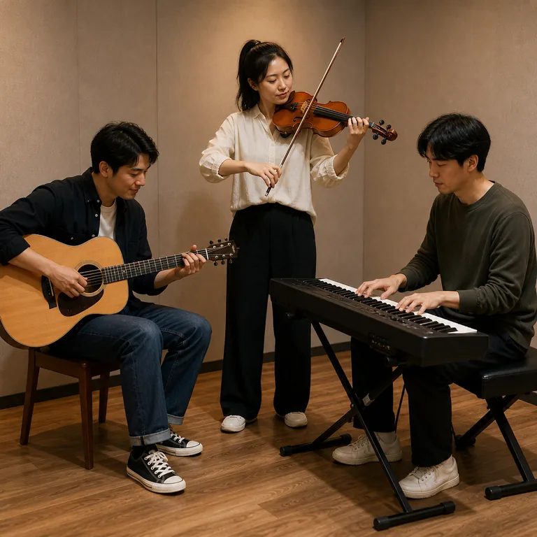 นักดนตรีสามคนกำลังซ้อมร่วมกันเป็นวงดนตรี สื่อ 乐队 ว่าวงดนตรี