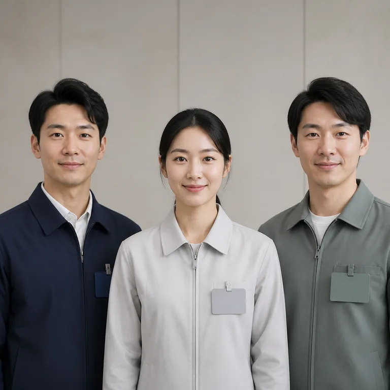 พนักงานผู้ใหญ่สามคนในชุดทำงานพร้อมบัตรประจำตัวว่างเปล่า สื่อ 员工 ว่าเป็นบุคลากรหรือลูกจ้างขององค์กร