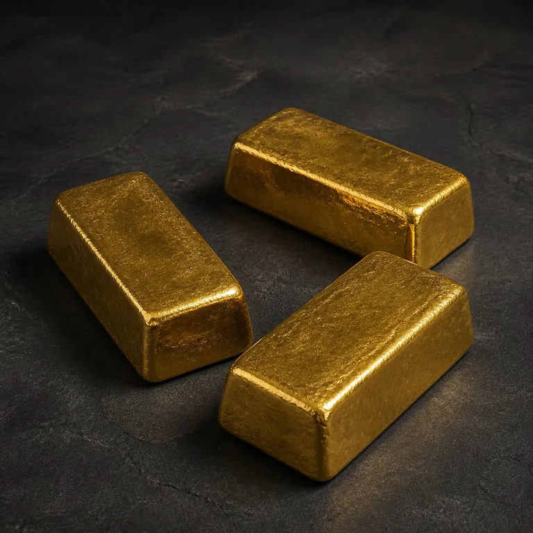 ภาพประกอบคำศัพท์จีน 黄金 แท่งทองคำเปล่าสามแท่งวางบนพื้นหินสีเข้ม