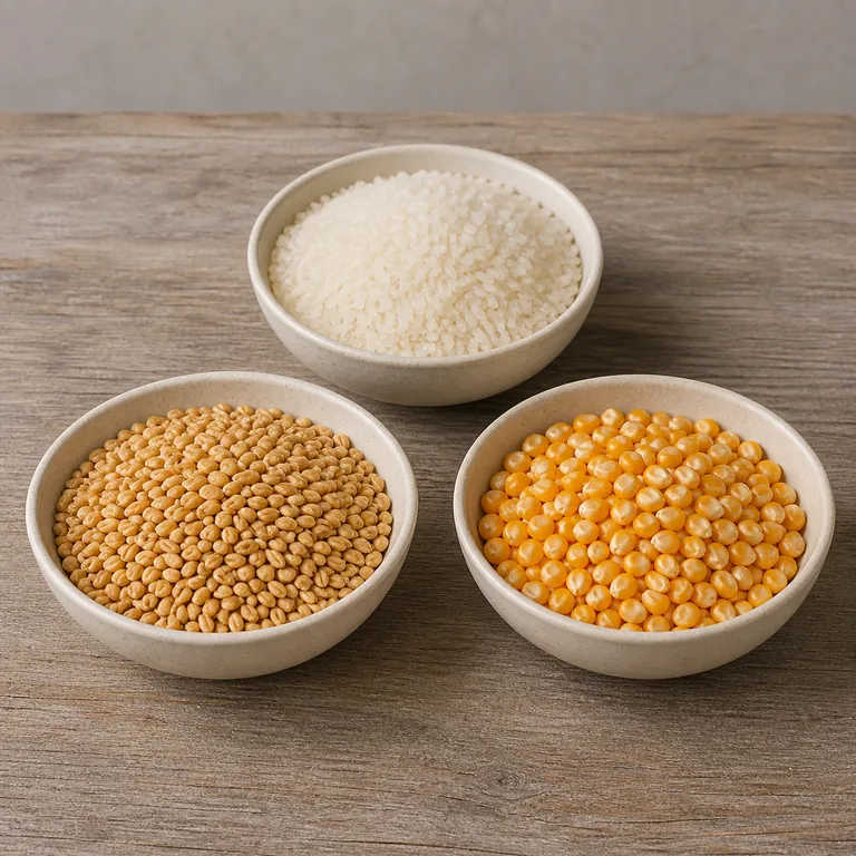 ภาพประกอบคำศัพท์จีน 粮食 ชามข้าวสาร ข้าวสาลี และข้าวโพดแห้งสามใบ