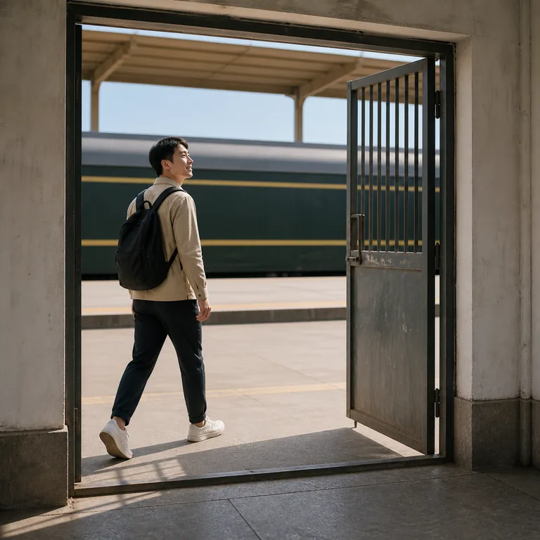 ผู้ใหญ่ชาวเอเชียตะวันออกเดินผ่านประตูเข้าสู่ชานชาลาที่มีรถไฟจอดอยู่ แสดงการรีบมาถึงปลายทาง สื่อความหมายของ 赶到