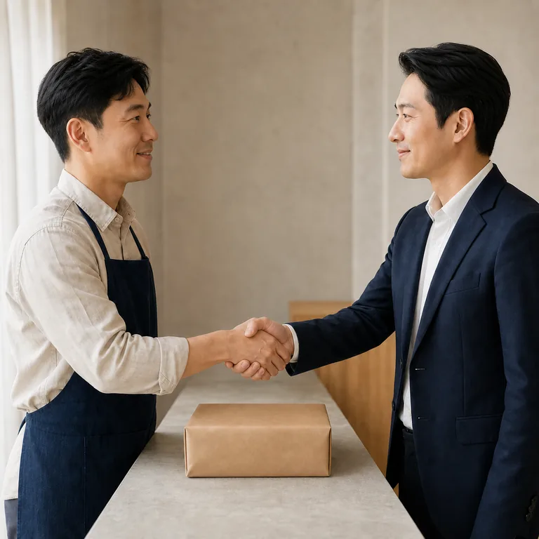 คู่ค้าสองคนจับมือกันเหนือพัสดุที่ปิดเรียบร้อย สื่อ 诚信 ว่าซื่อตรง รักษาข้อตกลง และน่าเชื่อถือ
