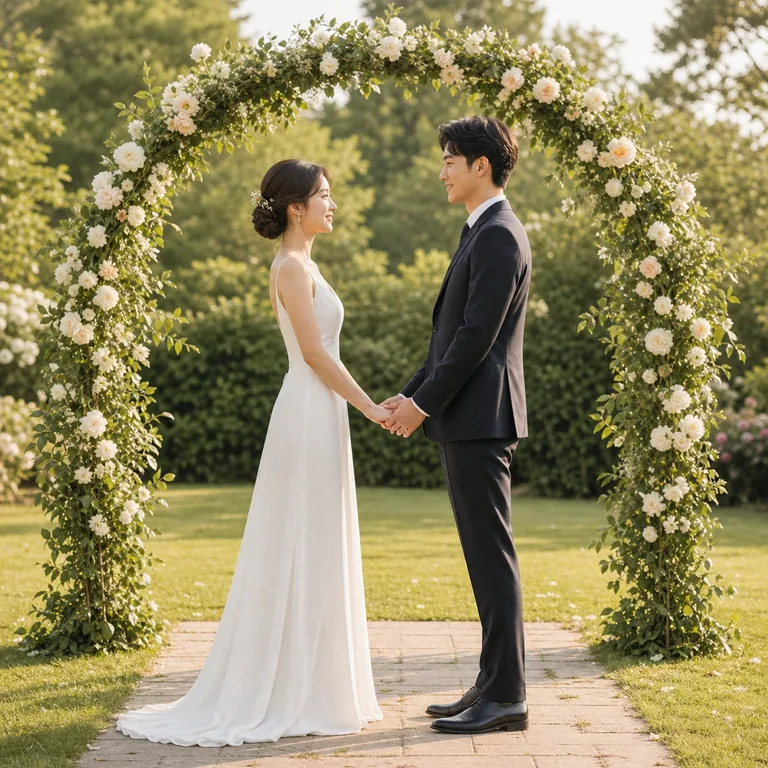 ภาพประกอบคำศัพท์จีน 婚礼 คู่แต่งงานสองคนยืนจับมือกันใต้ซุ้มดอกไม้กลางสวน