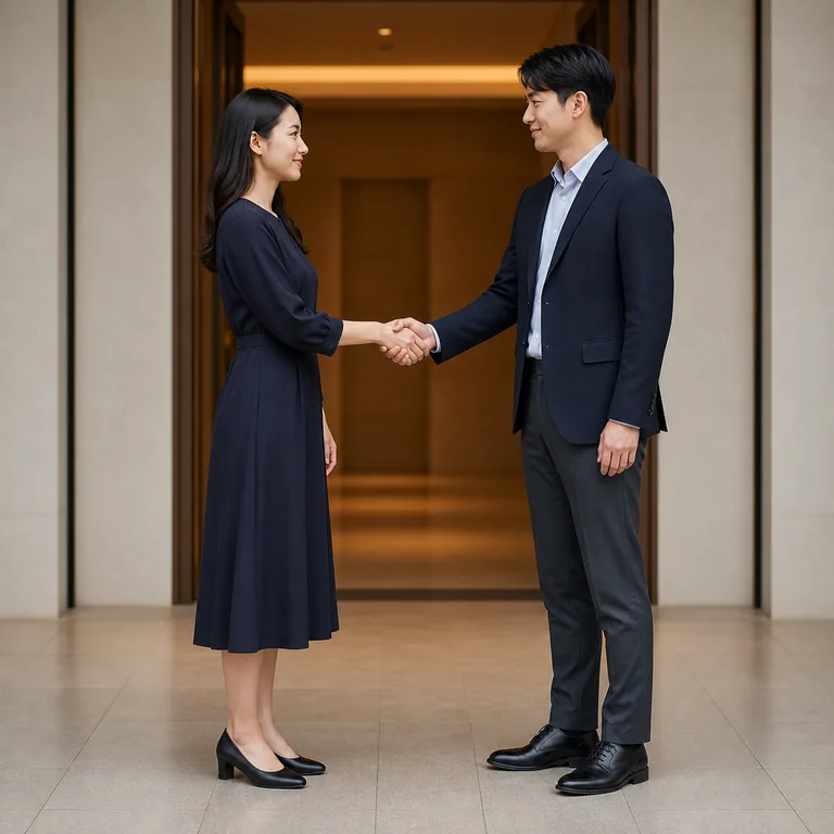 ผู้ใหญ่ชาวเอเชียตะวันออกสองคนสวมชุดกึ่งทางการ ยืนสบตาและจับมือทักทายกันอย่างสุภาพที่ทางเข้างานรับรอง สื่อการวางตัวให้เหมาะกับ 场合