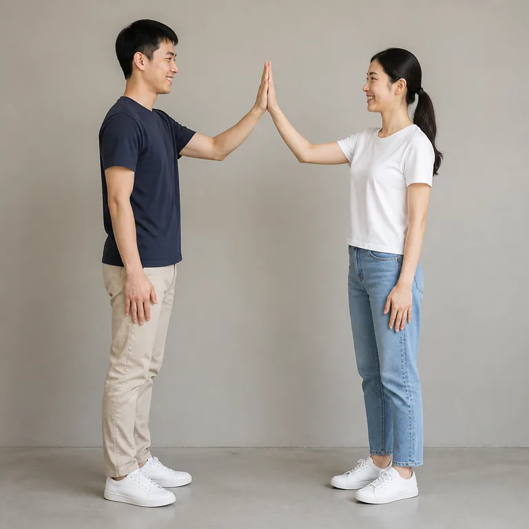 ผู้ใหญ่ชาวเอเชียตะวันออกสองคนหันหน้าเข้าหากันและแตะฝ่ามือ high-five ตอบกัน สื่อความหมายของ 互相