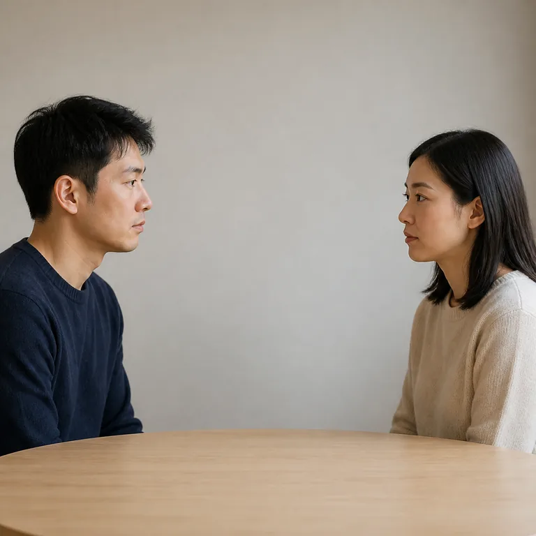 ผู้ใหญ่สองคนนั่งเผชิญหน้ากันและต่างฝ่ายปิดปากไม่พูด สื่อคำว่า 沉默 ว่านิ่งเงียบหรือไม่กล่าวอะไร