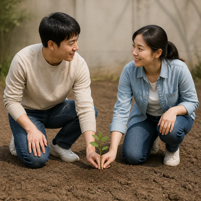 ผู้ใหญ่ชาวเอเชียตะวันออกสองคนร่วมกันประคองต้นอ่อนหนึ่งต้นด้วยความไว้วางใจและอบอุ่น สื่อความหมายของ 感情