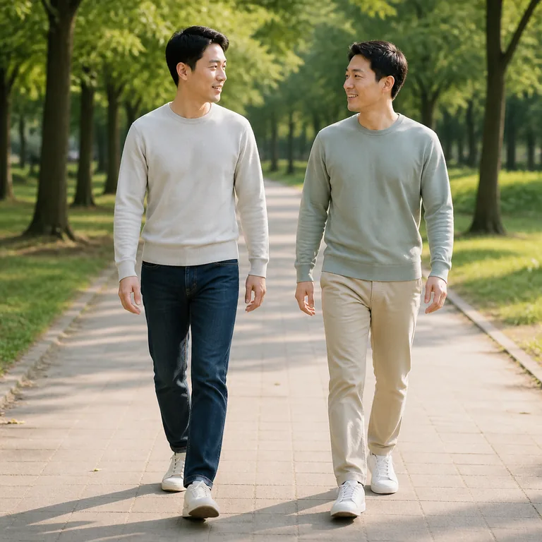 เพื่อนผู้ใหญ่ชาวเอเชียตะวันออกสองคนเดินเคียงกันอย่างคุ้นเคยในสวน สื่อถึงการคบหาและความสัมพันธ์ต่อเนื่องของ 交往
