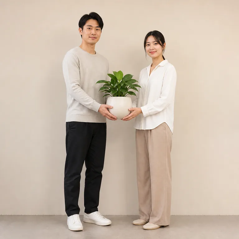 ผู้ใหญ่สองคนช่วยกันถือกระถางต้นไม้หนึ่งกระถางเดียว สื่อความหมายของ 共有