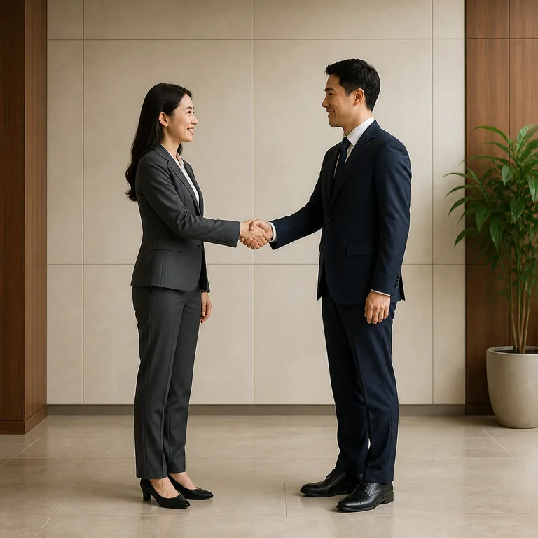 ผู้ใหญ่สองคนยืนจับมือขวากันอย่างเป็นธรรมชาติ สื่อความหมายของ 握手
