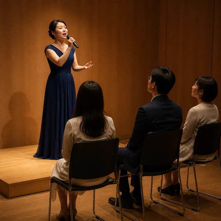 นักร้องขับร้องต่อหน้าผู้ฟังสามคนในงานแสดงเล็ก ๆ สื่อ 演唱 ว่าการร้องเพลงในฐานะการแสดง