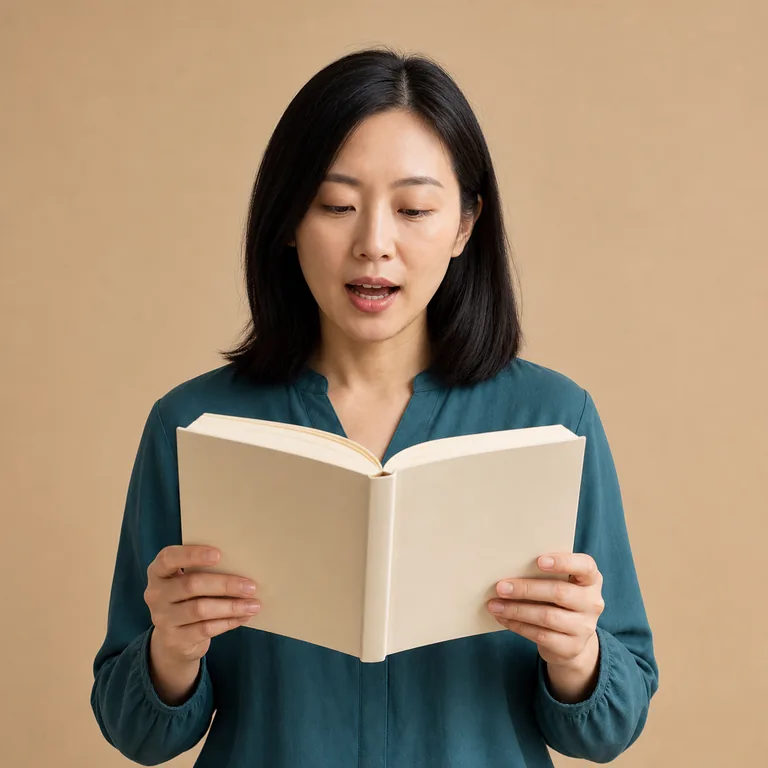 หญิงผู้ใหญ่กำลังอ่านหนังสือออกเสียง สื่อความหมายของ 念