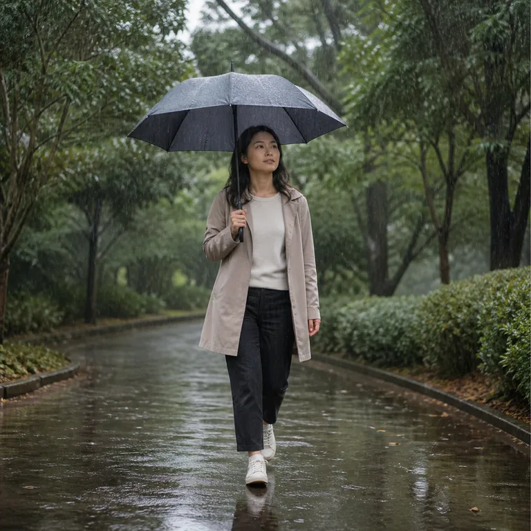 หญิงคนหนึ่งยังคงเดินต่อไปบนทางในสวนแม้ฝนตก สื่อความหมายของ 仍然
