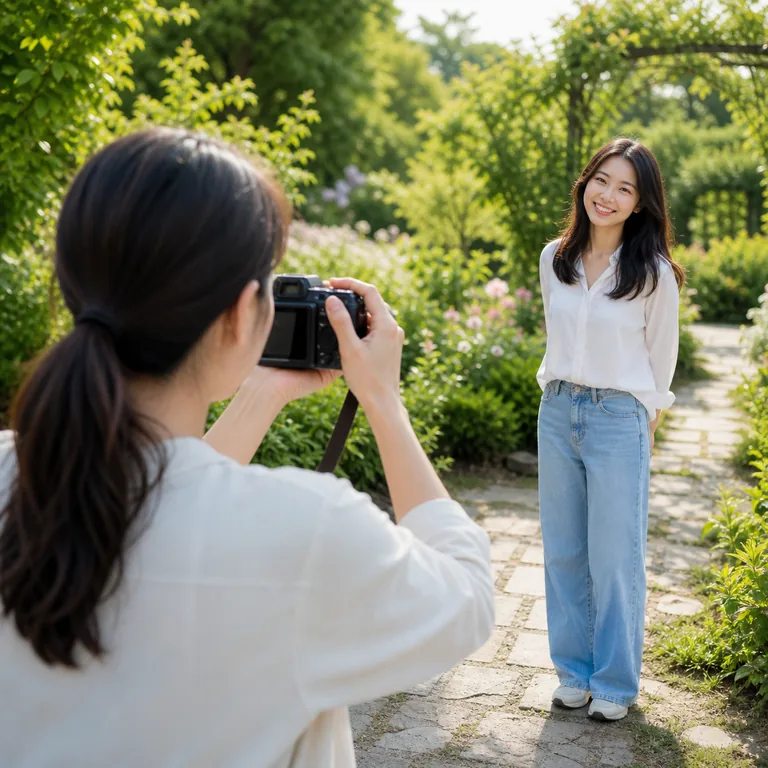 หญิงสาวกำลังใช้กล้องถ่ายรูปเพื่อนในสวน สื่อความหมายของ 照相