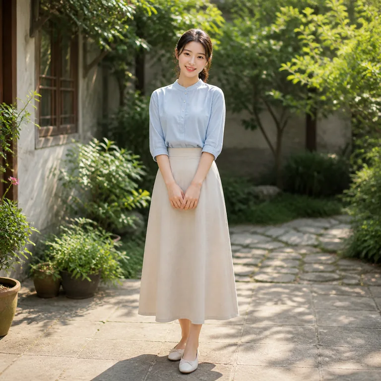 ผู้หญิงชาวเอเชียตะวันออกวัยผู้ใหญ่ตอนต้นหนึ่งคนยืนยิ้มอย่างเป็นธรรมชาติในสวนเล็ก สื่อความหมายของ 姑娘