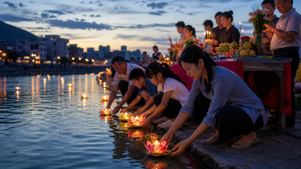 ภาพประกอบครอบครัวและชุมชนลอยโคมน้ำในพิธีจงหยวน